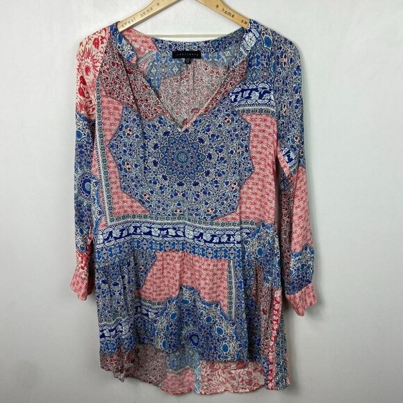 Sanctuary Bohemian Patchwork Print Blue Pink Long Sleeve Shift Dress Festival XS - Picture 12 of 13